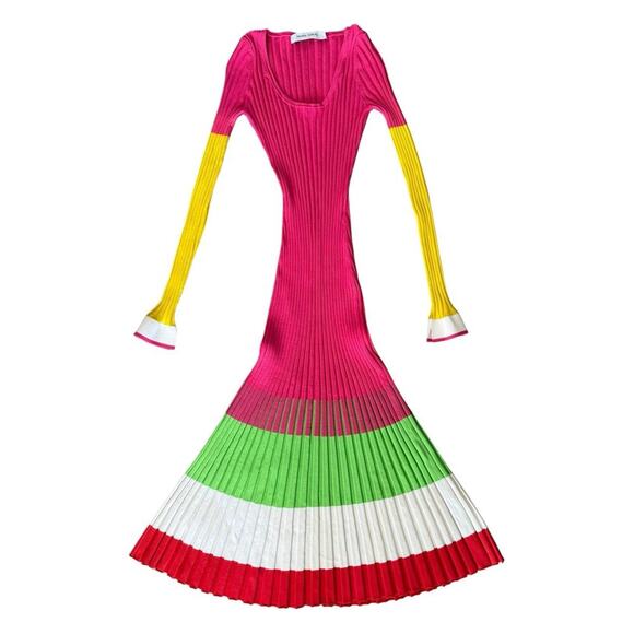 PRABAL GURUNG Striped Ribbed Bodycon Midi Dress In Pink Color Block XS - Picture 2 of 16